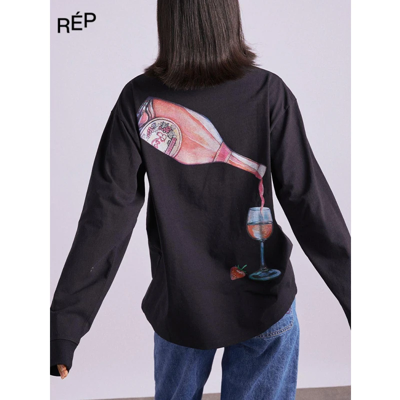 DAMSON MADDER设计师品牌黑色酒杯印花长袖T 25PS TheREPUBLIQUE