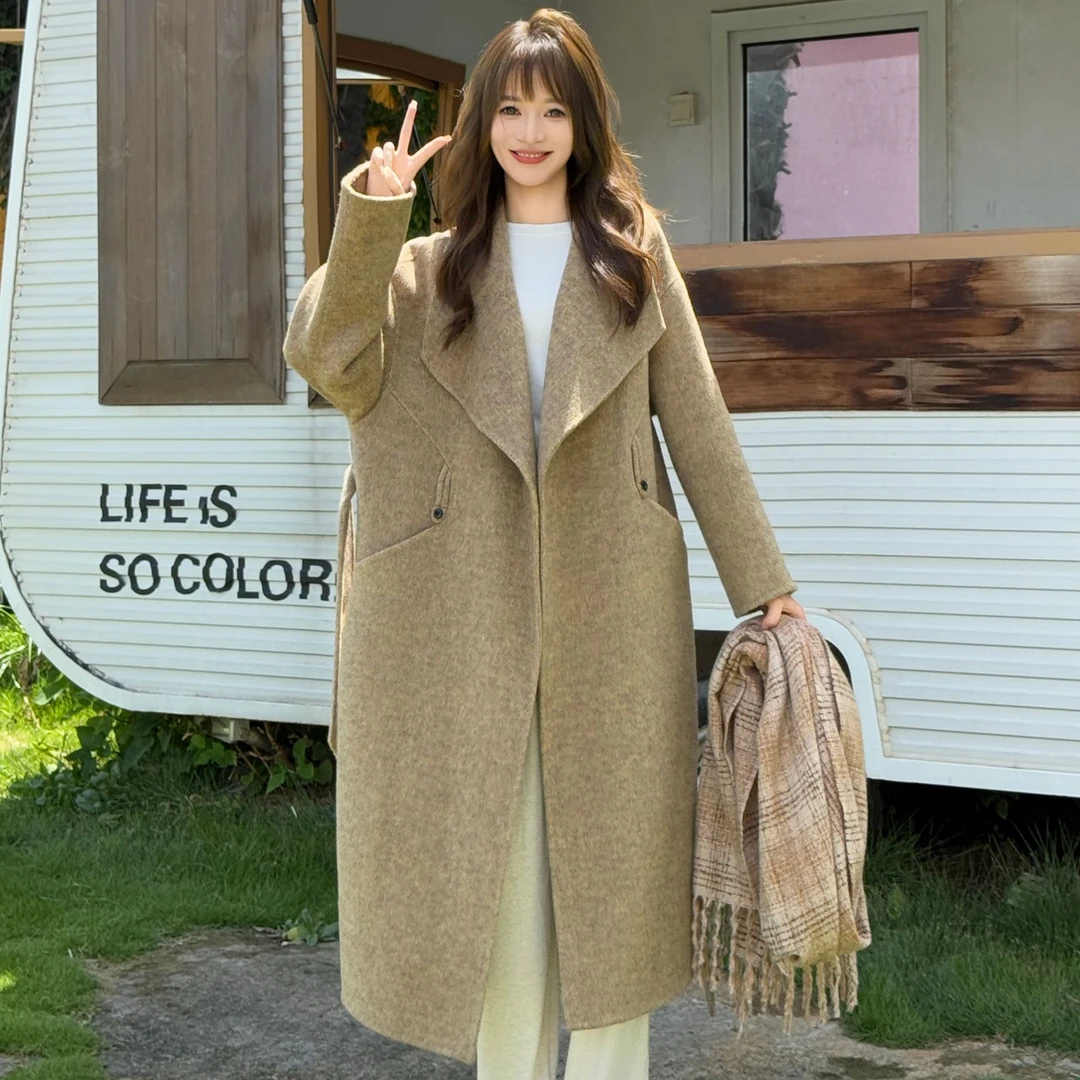 荷叶领无扣赫本风阔版气质网红时尚百搭宽松长款羊毛大衣 5530