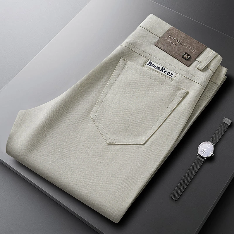 轻奢2025夏季薄款高端天丝商务裤男弹力修身免烫时尚刺绣休闲裤男