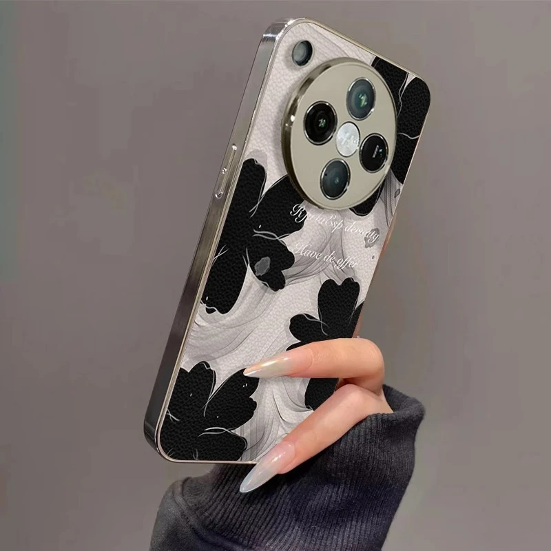 水墨小花适用oppofindx8ultra手机壳黑色findx8s保护壳防摔电镀