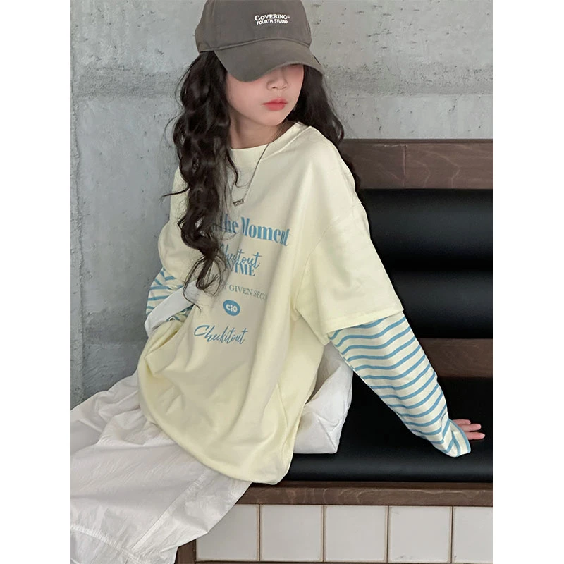 K28197拼接袖女童T恤2025春装新款儿童长袖上衣春秋大童打底休闲t