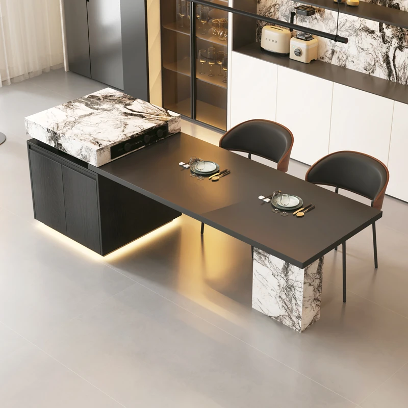 岛台餐桌一体意式家用岩板高端中倒台轻奢极简小户型厨房客厅餐厅