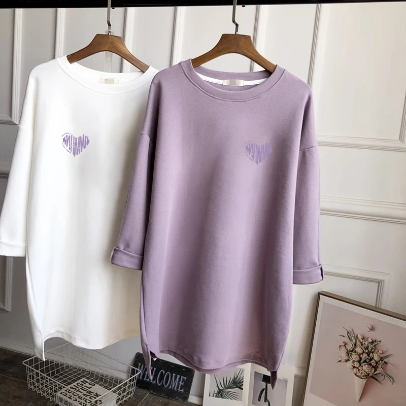 磨毛加厚纯棉长袖T恤女春秋韩版潮宽松中长款包臂内搭打底衫上衣