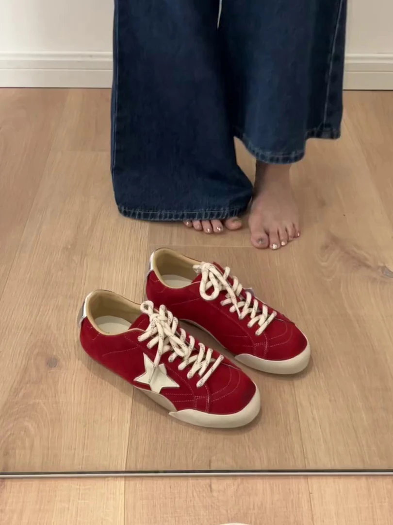 平底红色德训鞋女2025新款夏秋休闲运动做旧脏脏鞋星星板鞋阿甘鞋