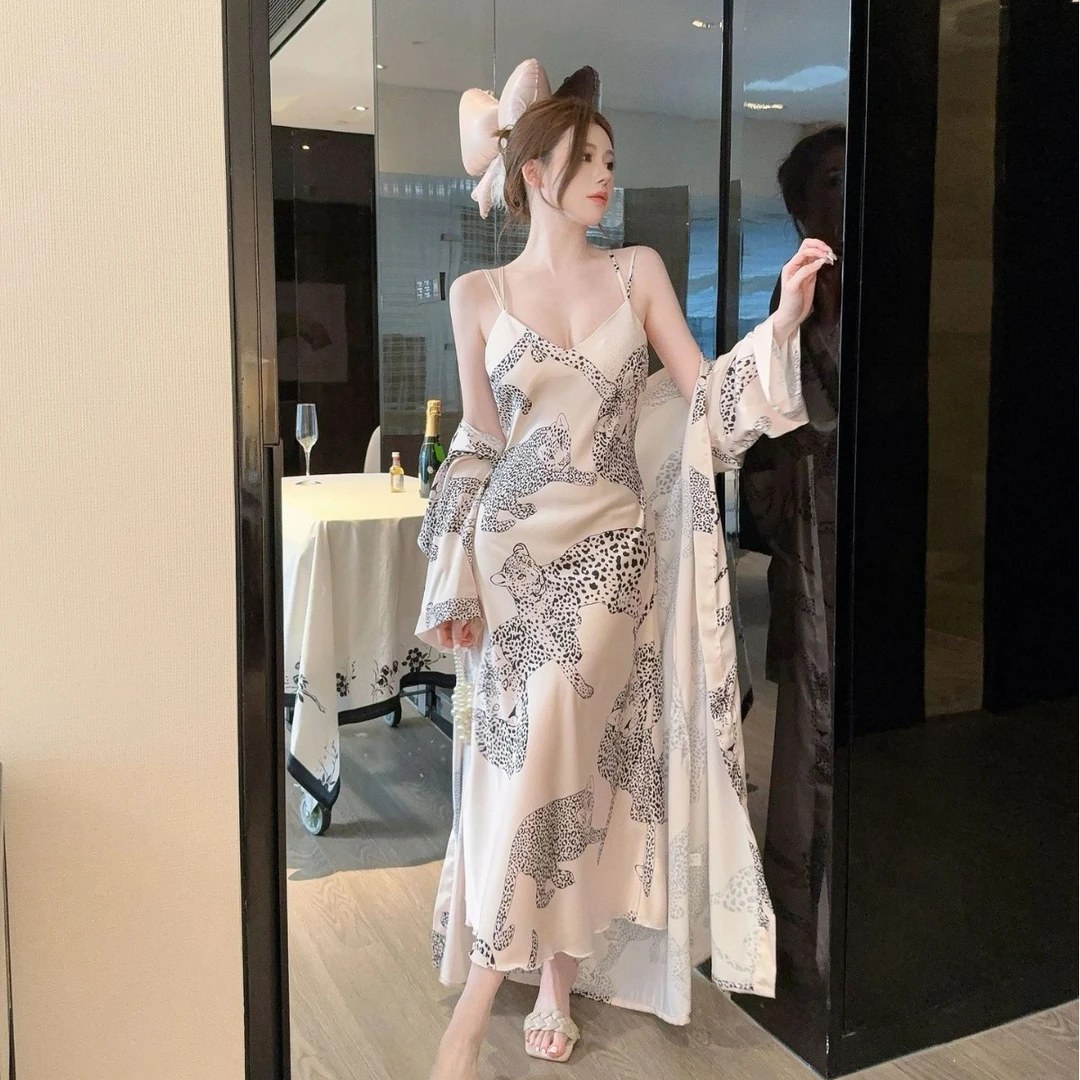 性感睡衣女冰丝带胸垫雪豹图案吊带睡裙两件长款过膝