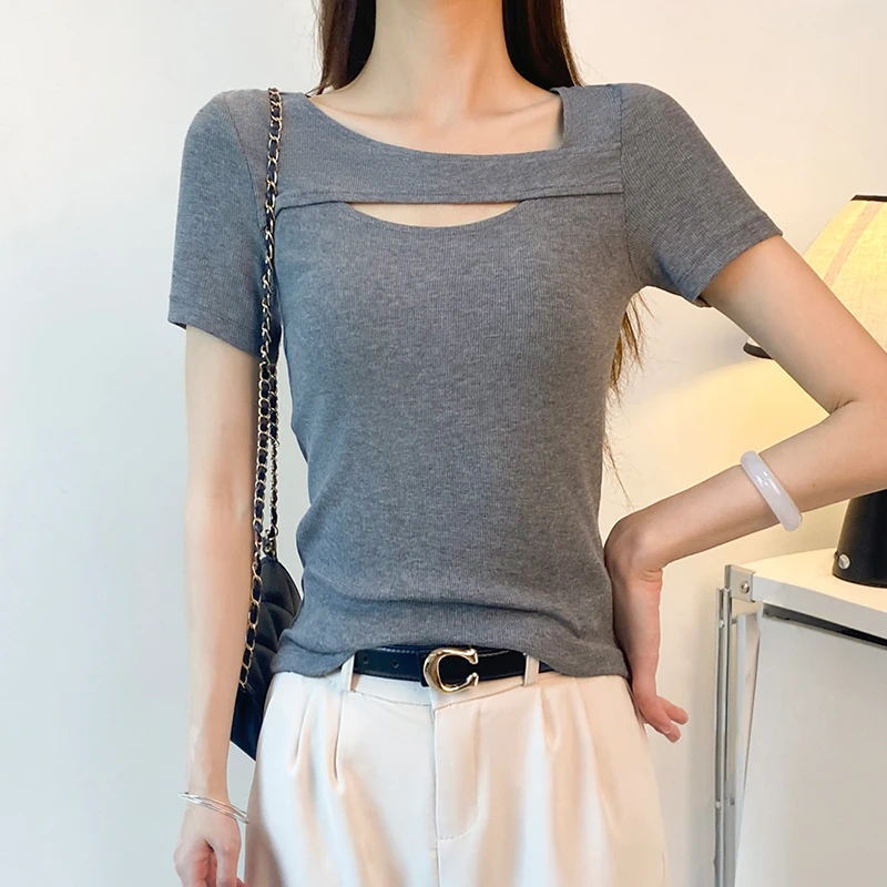 螺纹U领镂空短袖t恤女春夏新款低领打底衫百搭修身设计感显瘦上衣