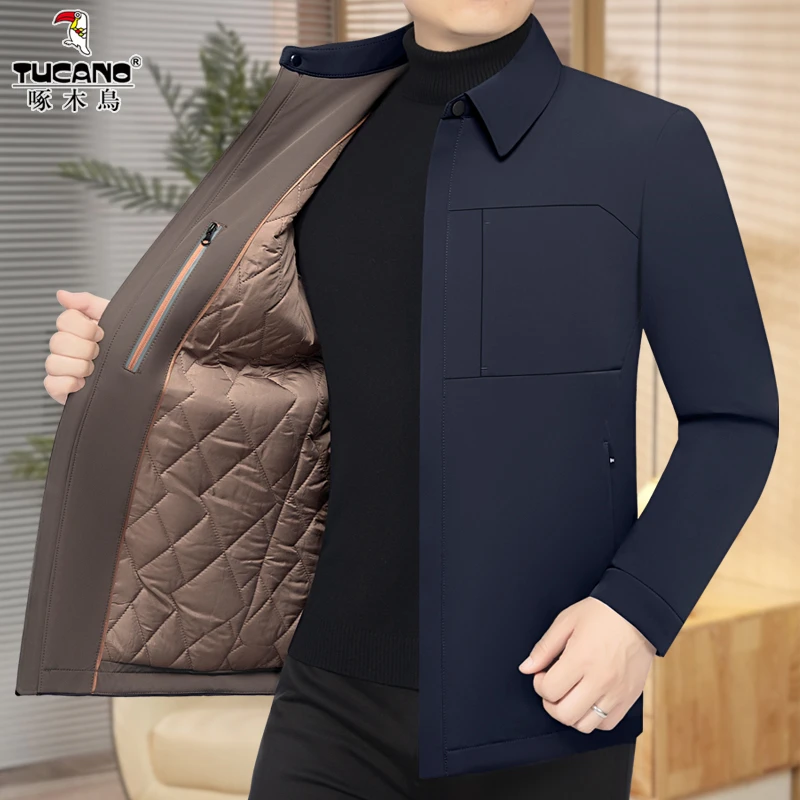 啄木鸟新款男士轻薄款加棉外套秋冬行政商务休闲方领加厚夹克上衣