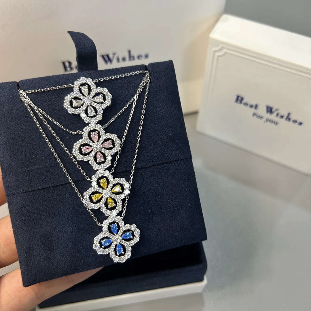 坠链均925银 四叶草纯银项链女款loop镶嵌满钻水滴轻奢小众锁骨链