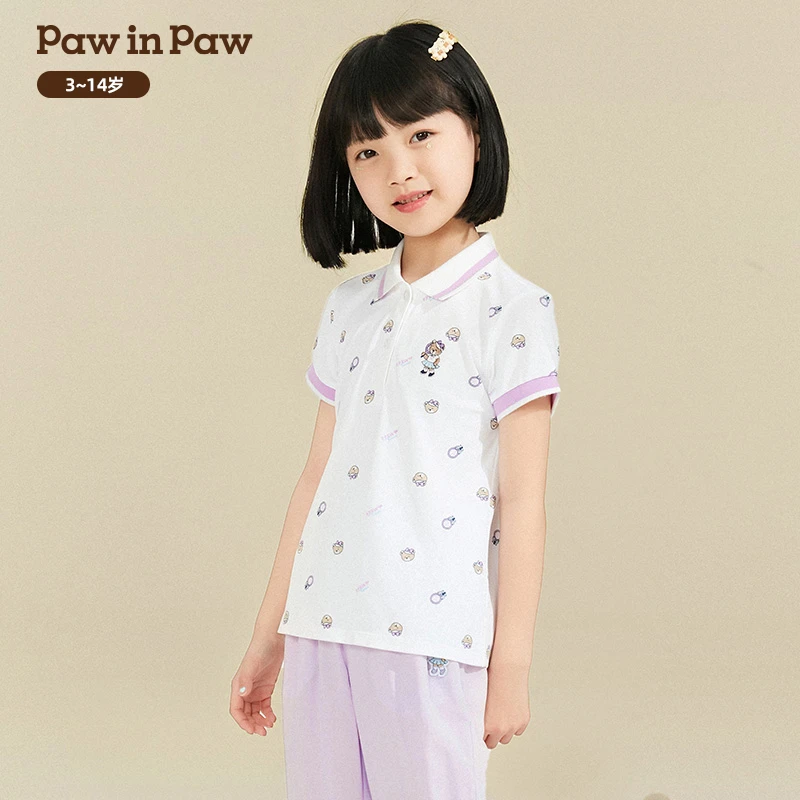 PawinPaw卡通小熊童装夏季女童POLO衫卡通满印印花T恤