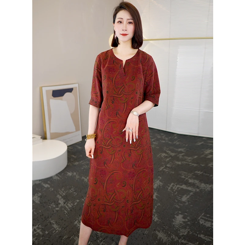 2025夏季时尚双面大牌杭州香云纱真丝连衣裙女气质妈妈桑蚕丝裙子