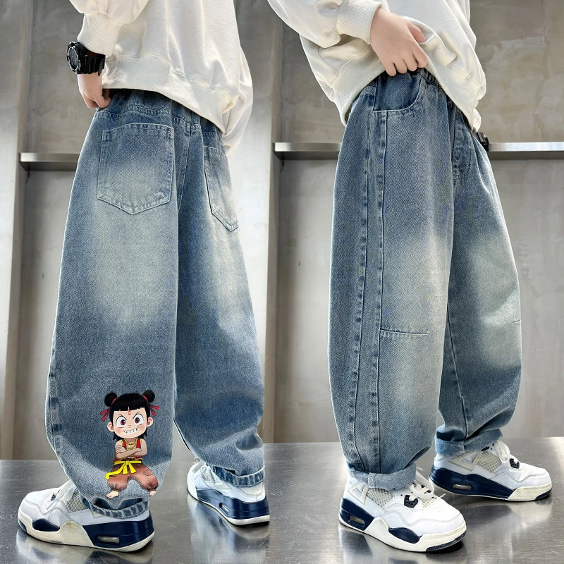 哪吒男童牛仔裤春秋款6-12岁中大童男孩秋季长裤儿童裤子帅气潮流