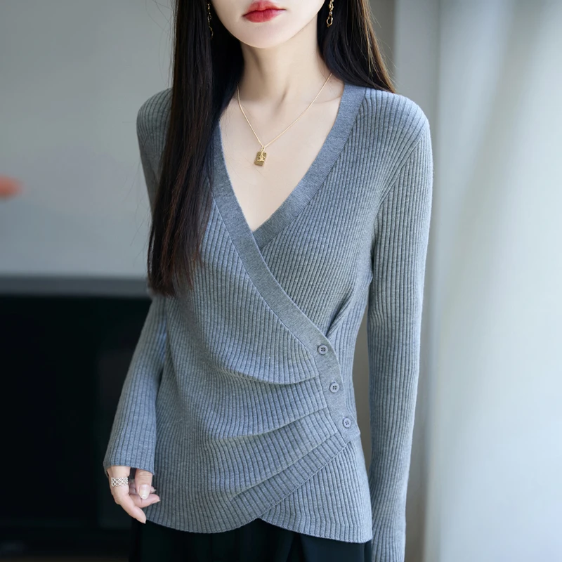 哥弟阿玛施正品V领打底衫针织秋季女装纯色时尚长袖洋气修身