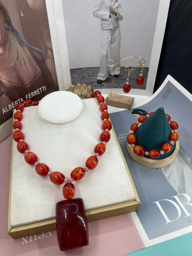 非金属硅胶项链 时尚百搭三件套 仿kaherwa饰品 复古轻奢红色