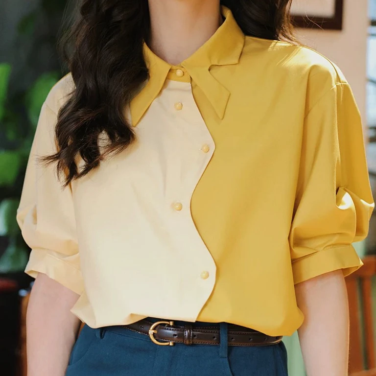 626港风复古短袖拼色衬衫女夏季宽松显瘦气质时尚上衣
