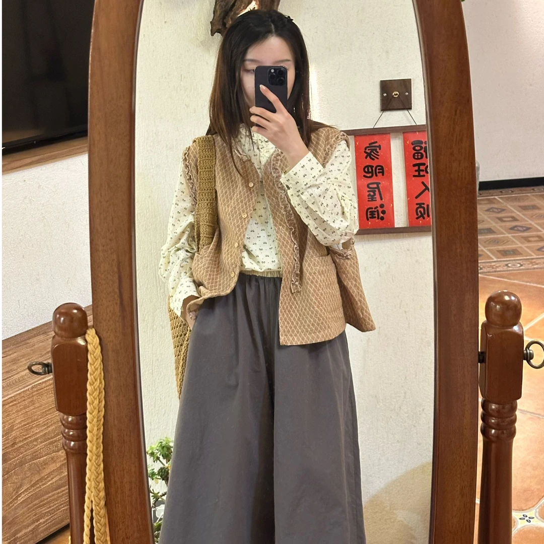 【晴子】小清新碎花衬衫百搭简约阔腿直筒裤棉麻复古甜美马夹