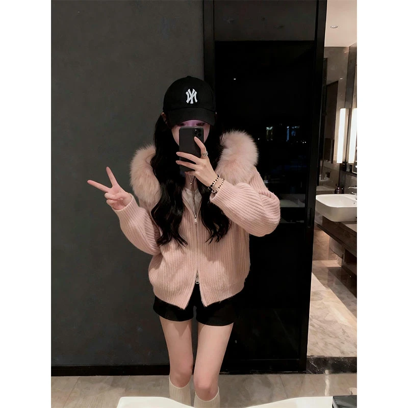 韩系减龄韩版连帽长袖针织开衫毛衣外套女秋季毛毛领上衣百搭短裤