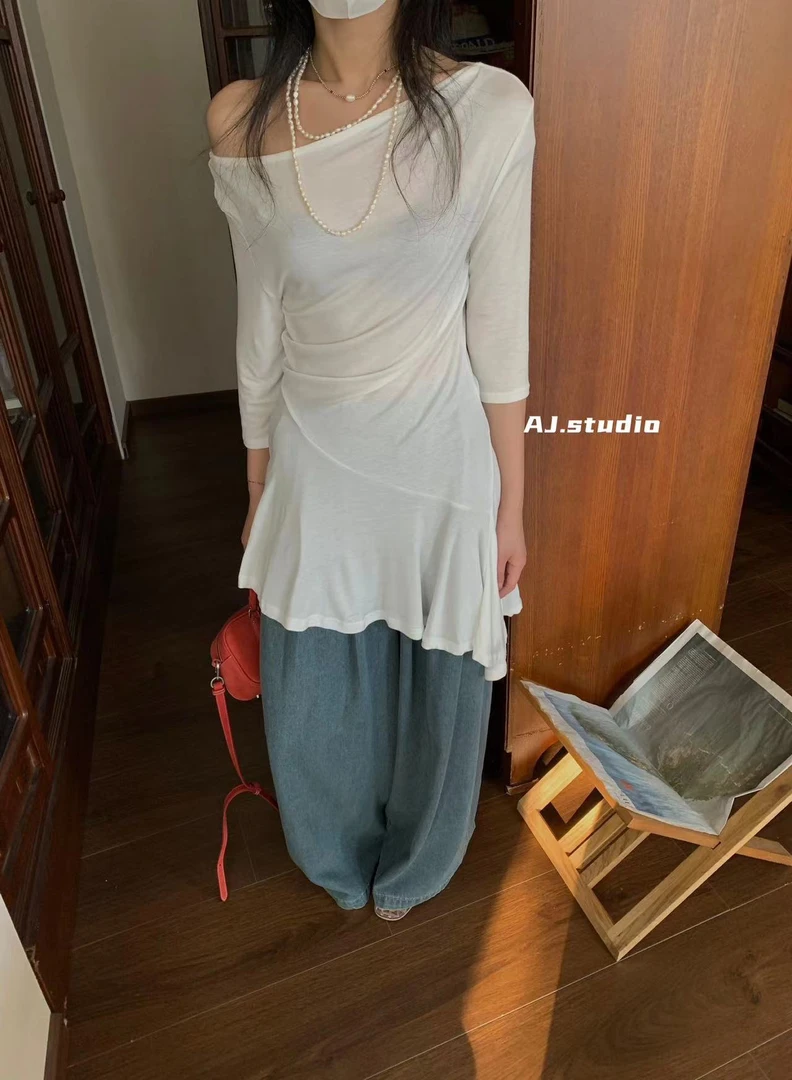 AJ 95171# 不规则下摆圆领可斜肩连衣裙