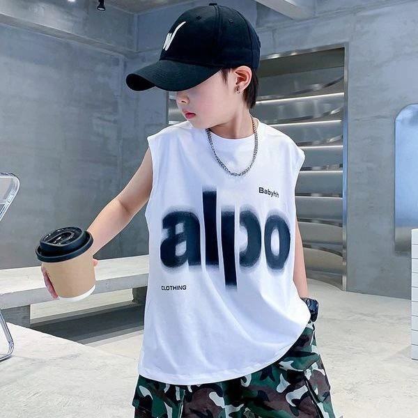 夏季童男纯棉无袖上衣圆领时尚字母图案外穿男孩背心薄款坎肩