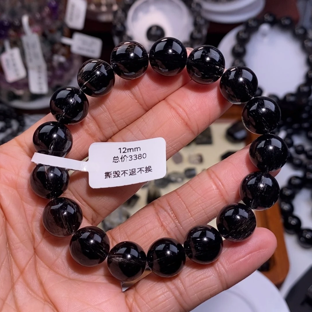 水晶手链未镶嵌黑发晶全透体满发顺发12mm毕业级