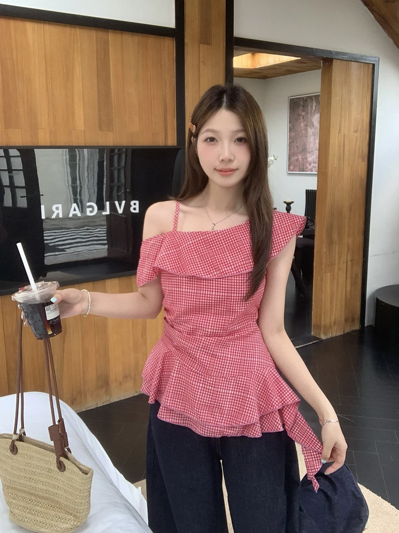 大码胖设计感荷叶边露肩格子衬衫女大码套装夏季胖mm显瘦高级感