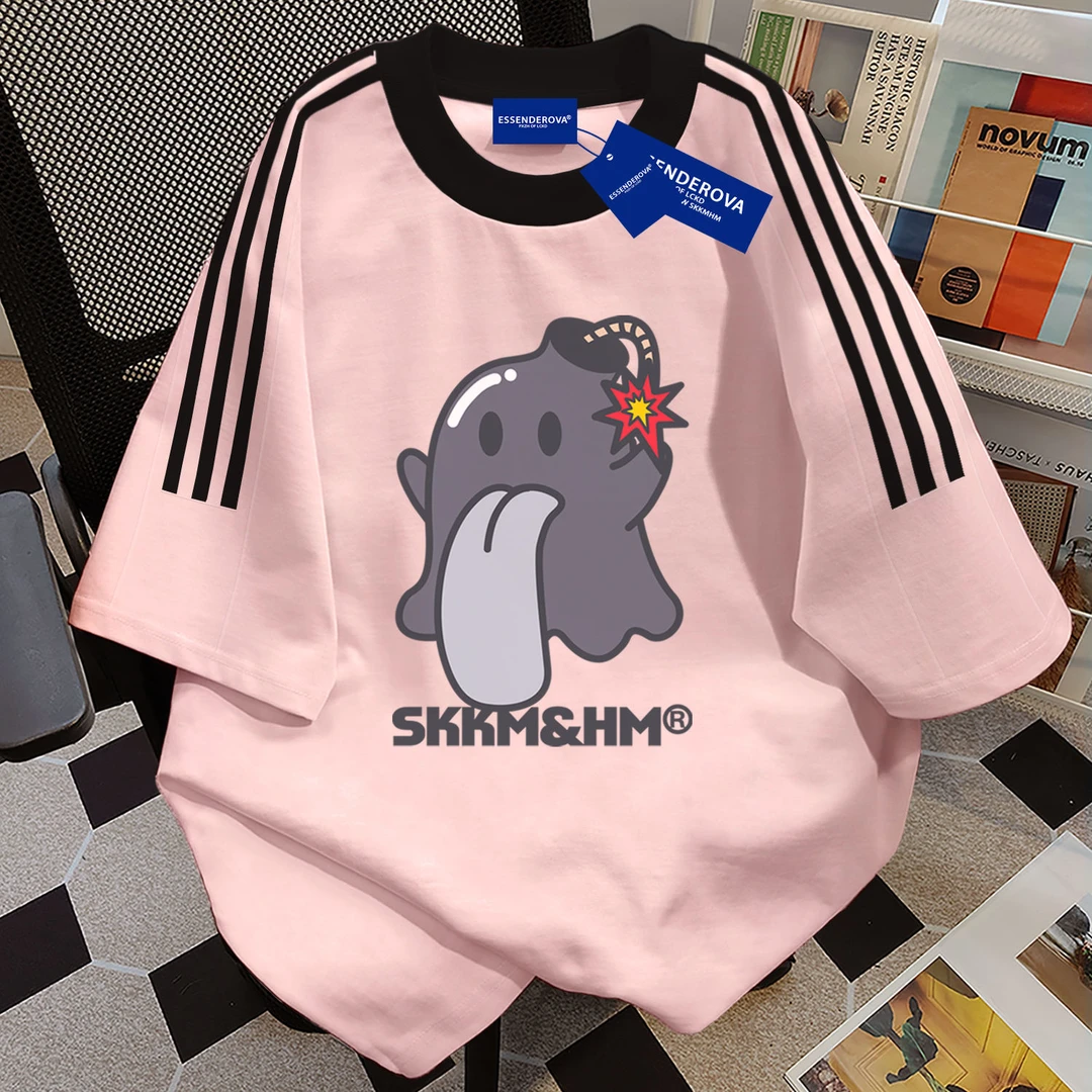 100%纯棉韩系设计感三条杠圆领短袖t恤男女夏季宽松遮肚子上衣服