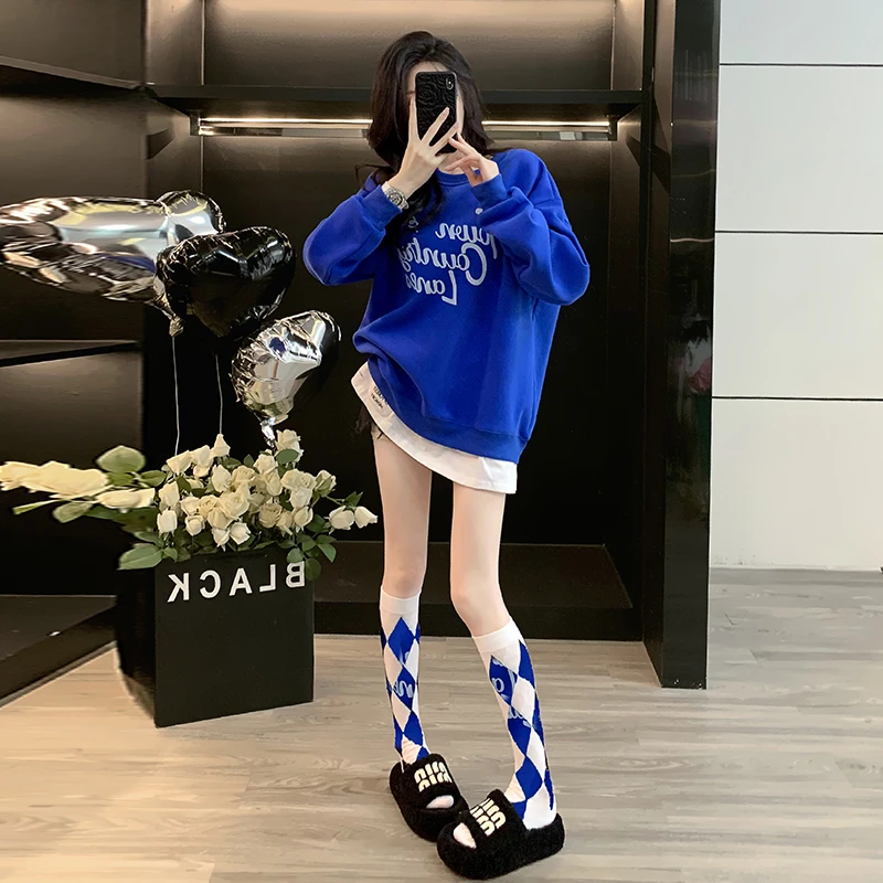 网红洋气显白蓝色假两件圆领卫衣女秋冬韩版减龄显瘦慵懒风上衣潮