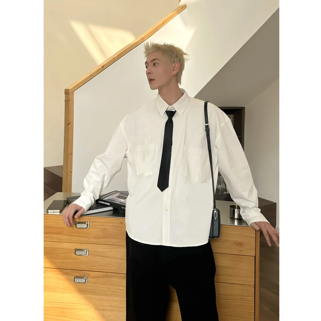男长袖青春流行免烫春秋常规衬衫韩版百搭港风设计感白色复古