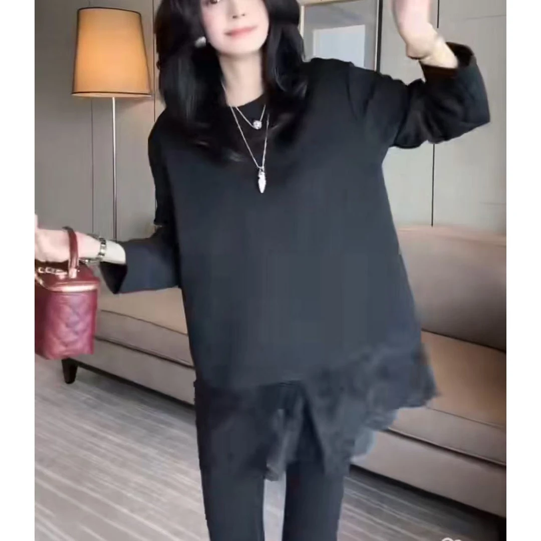 《东北徐老大推荐》大码女装显瘦遮肉秋季新款百搭中长款大T恤5354