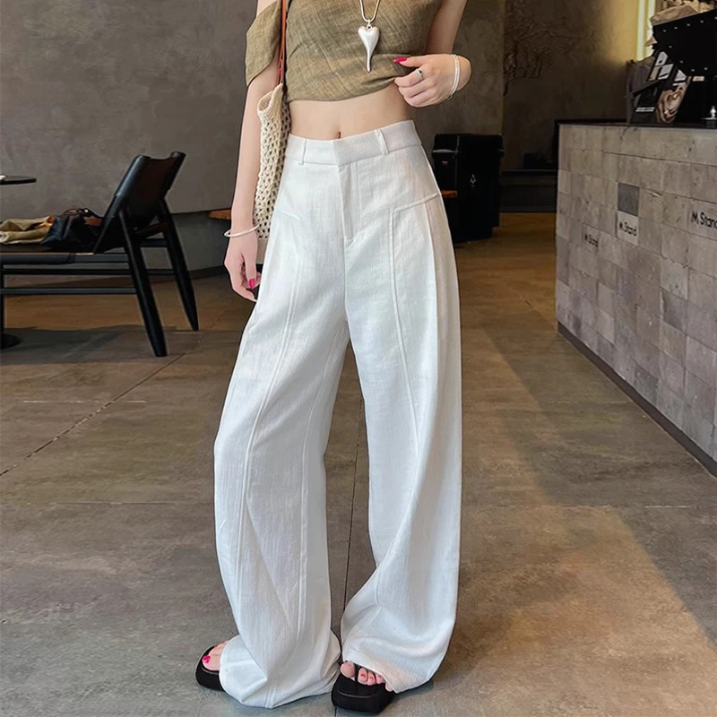 白色韩系阔腿裤女2025夏季薄款高腰垂感老钱风西装阔腿宽松休闲裤