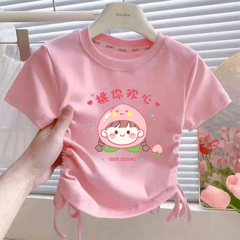 女童上衣纯棉短袖T恤2025洋气夏季新款宝宝抽绳设计半袖女童夏装t