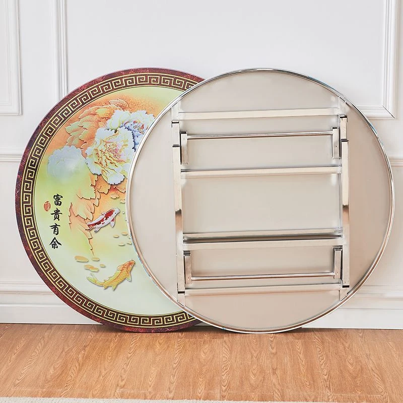 304特厚不锈钢圆桌可折叠家用餐桌吃饭圆台桌连体折叠圆桌免安装