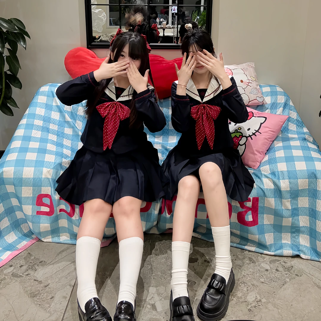 【莓果奶酪】原创正版jk水手服酒红波点甜美长袖大码jk制服套装秋