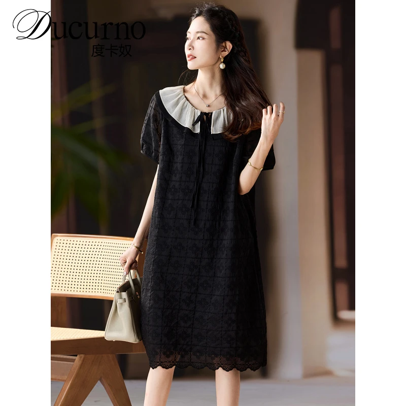 #夏天就要大胆穿气质显瘦翻领刺绣雪纺连衣裙a字女夏季新款A字裙