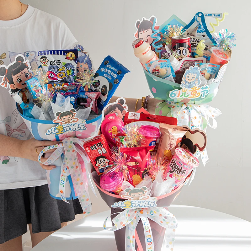 六一儿童节动漫卡通立体花束包装定型片鲜花包装纸花店专用材料