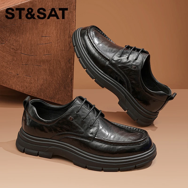 星期六男鞋2025新款商务正装皮鞋男士真皮休闲鞋英伦风厚底增高鞋