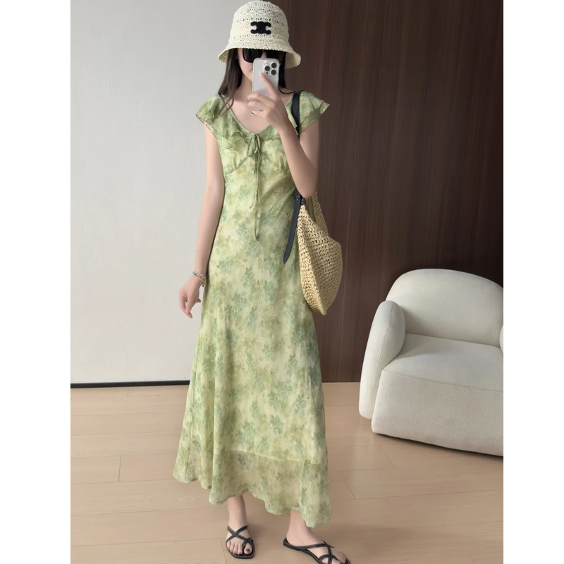 优雅曼妙~轻盈飘逸显白印花连衣裙女修身显瘦晕染油画质感碎花裙