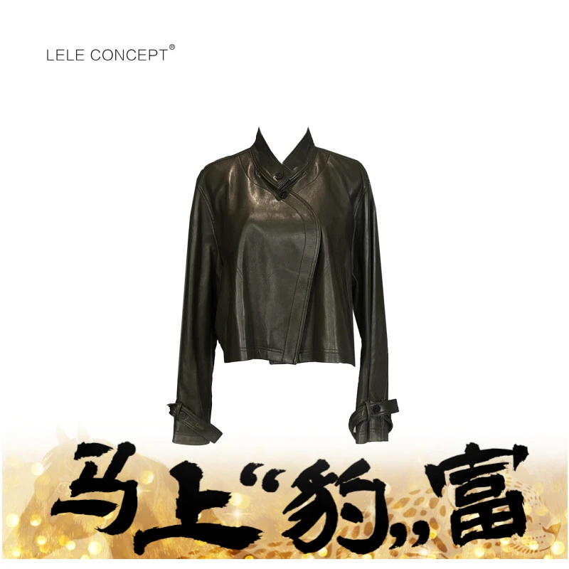 LELE CONCEPT | 【如一】早秋都市时尚潮流酷飒立领斜身短皮衣P0083