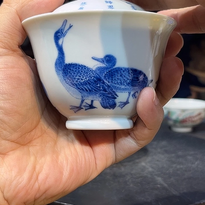 遮***看盖碗青花大雁纹盖碗