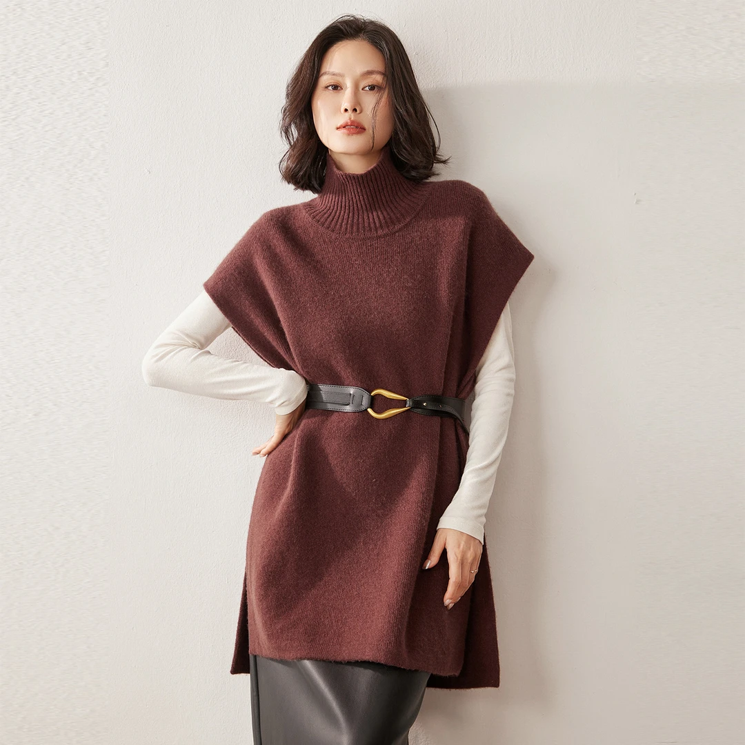 2025秋冬新款纯山羊绒高领无袖背心女宽松慵懒风针织马甲坎肩毛衣
