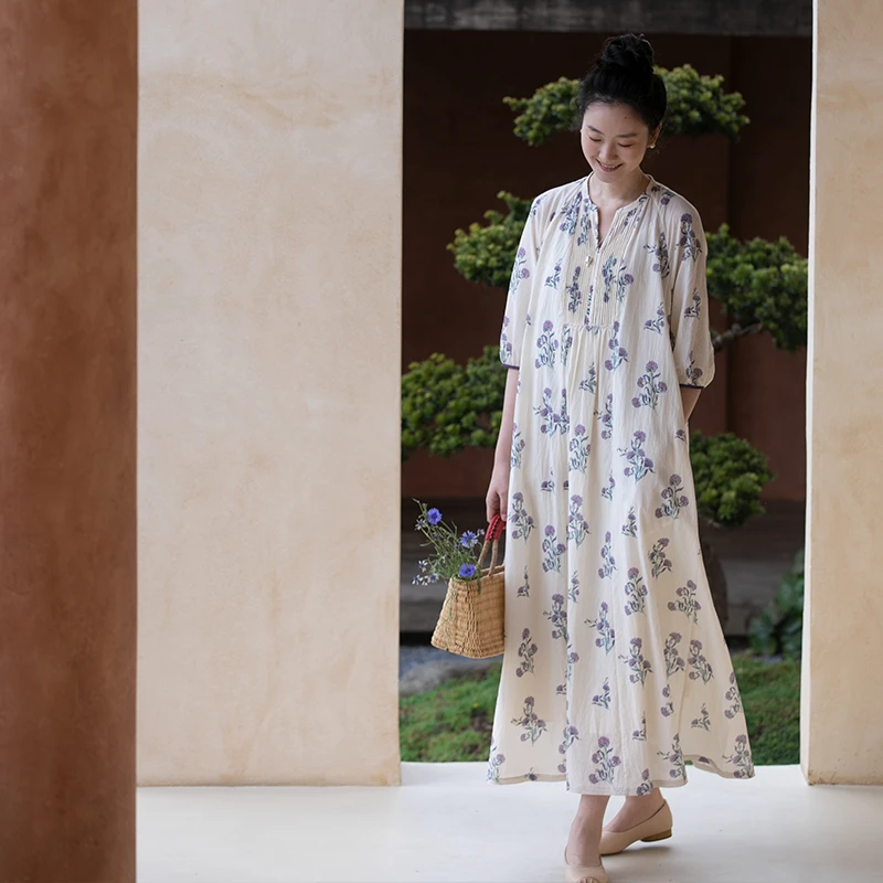 牧衣游原创 进口印花100支匹马棉连衣裙轻薄飘逸文艺长裙 如初见