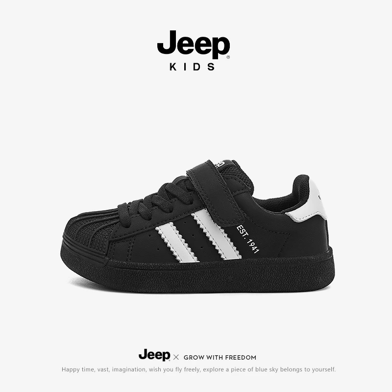 jeep贝壳头板鞋男童2025新款秋季魔术贴黑色皮面儿童运动鞋子女童