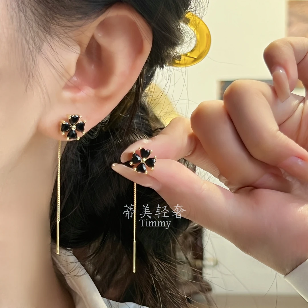铜合金锆石耳饰 黑色四叶草锆石耳线法式耳环设计感金色素款小众