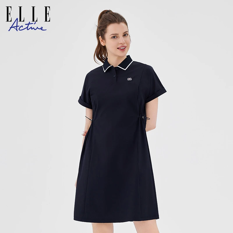 ELLE Active时尚翻领连衣裙抽绳收腰休闲运动裙子宽松短袖连身裙