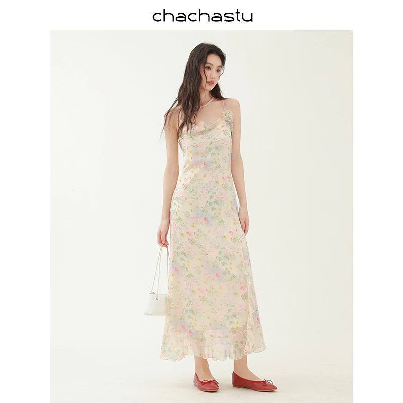 CHACHASTU法式碎花吊带A字收腰长裙女夏季设计感显瘦连衣裙H4095W