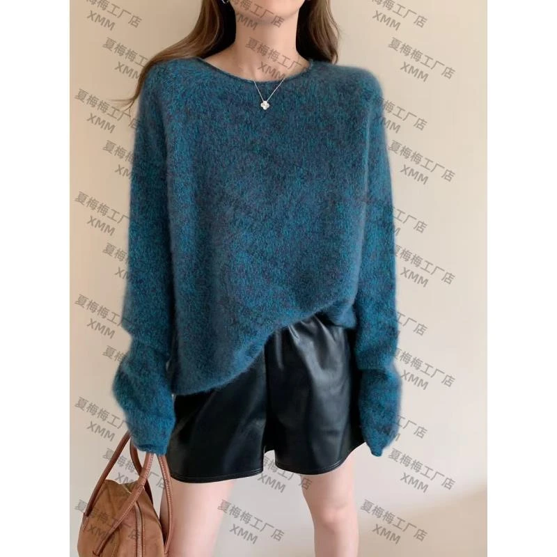 XMM.【一体成衣100羊毛拉毛毛衣】卷边领长袖针织时尚百搭宽松Y1022