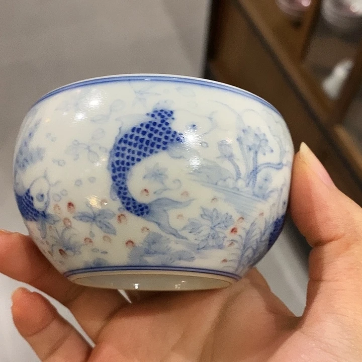陶摆件青花釉里红鱼藻