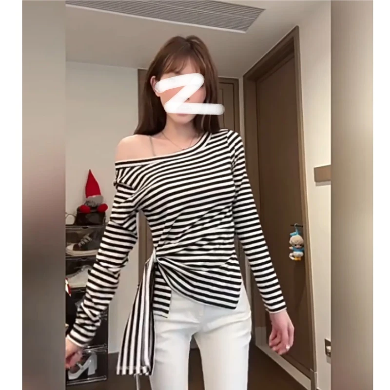 百搭显瘦T恤修身早秋长袖打底露肩条纹斜领纯欲风设计感气质上衣