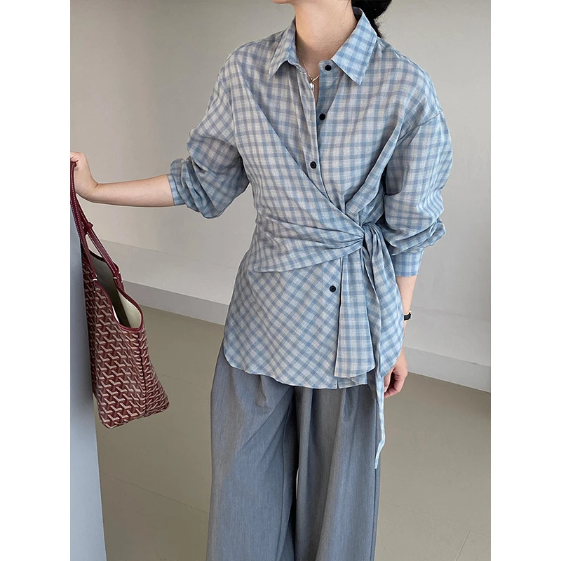 江左 韩代私服清冷设计感绑带显瘦衬衫女秋长袖开叉格子上衣 1198