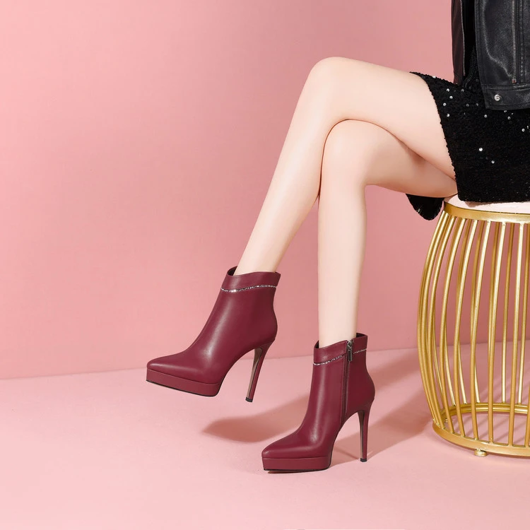 防水台尖头细高跟水钻全真皮短靴时尚气质百搭尖头瘦瘦靴高跟鞋