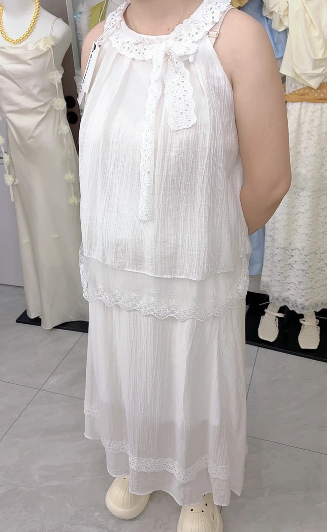 夏季新款甜美蕾丝边挂脖吊带背心高腰A字半身裙套装女潮